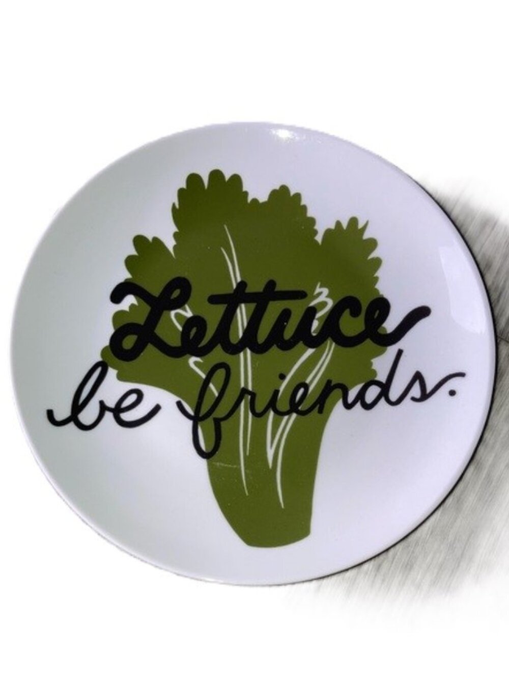 CRATE & BARREL “Lettuce Be Friends” Round Ceramic Appetizer Plate 6.75 inches